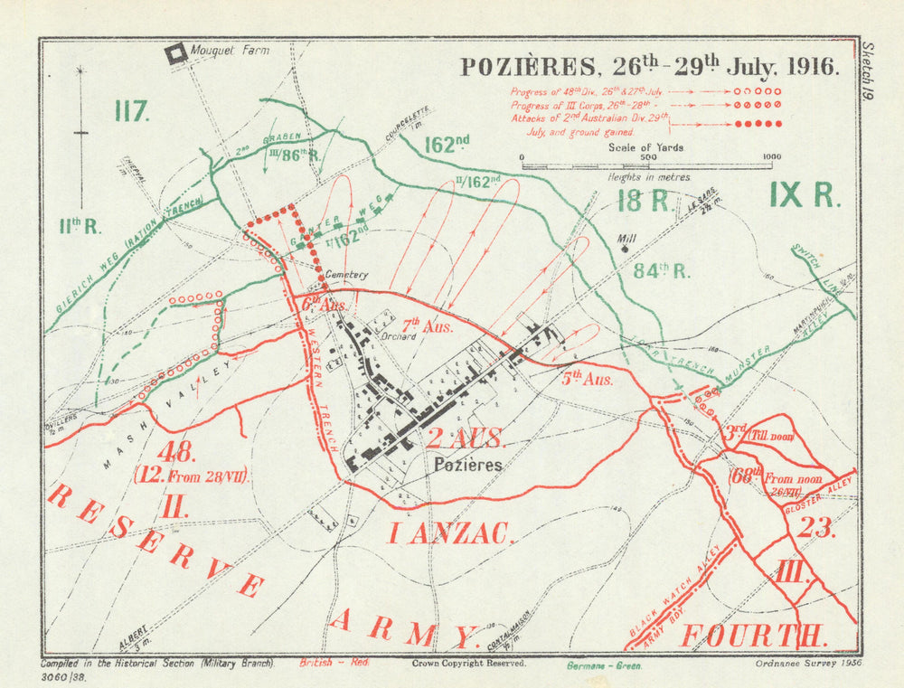Battle of the Somme. Pozières, 26–29 July 1916. First World War 1938 old map
