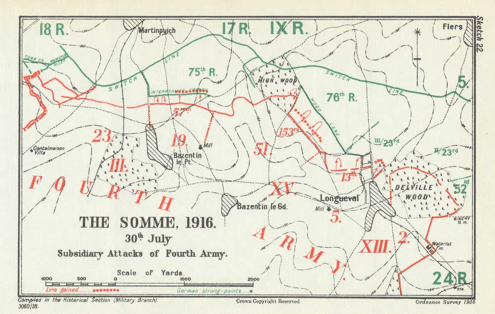 Battle of the Somme. 30 July, Subsidiary Attacks of 4th Army 1916. WW1 1938 map