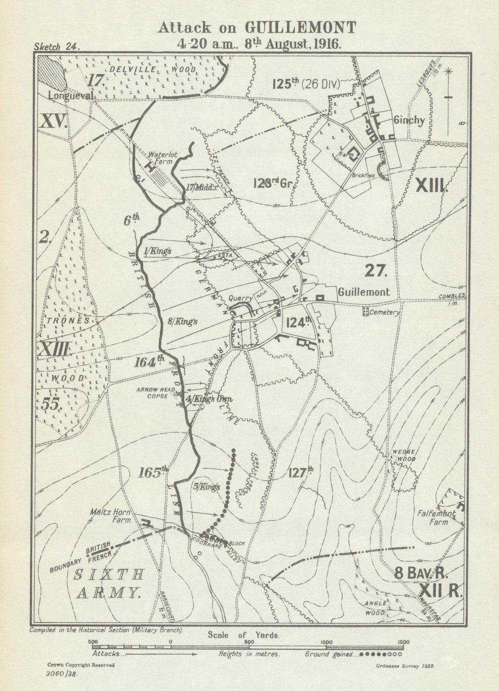Battle of the Somme. Attack on Guillemont, 4.20 am, 8 August 1916. WW1 1938 map