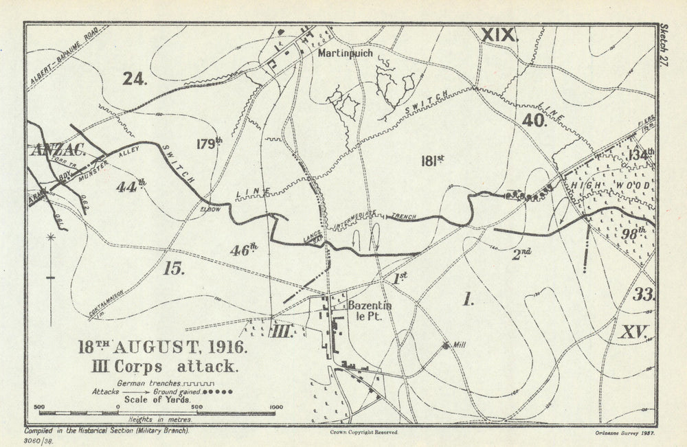 Battle of the Somme. 18 August 1916, III Corps attack. First World War 1938 map