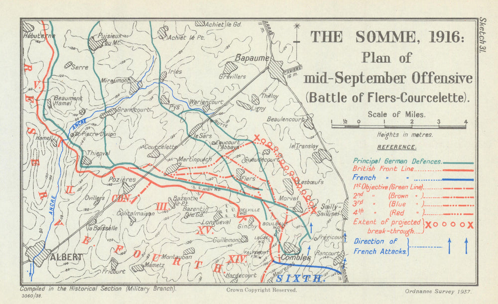 Battle of the Somme 1916 Mid-September Offensive Flers-Courcelette. WW1 1938 map