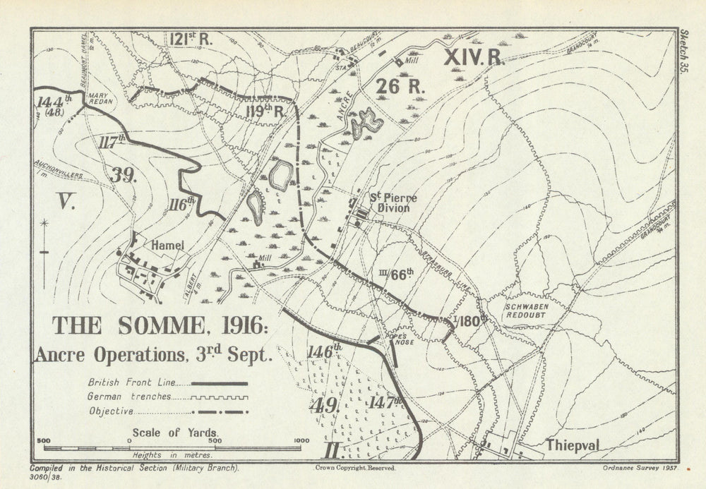 Battle of the Somme. Ancre Operations, 3 September 1916. WW1 1938 old map