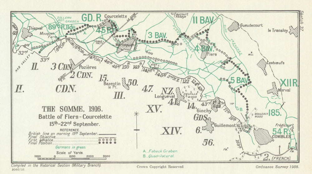Battle of the Somme. Flers–Courcelette, 15–22 September 1916. WW1 1938 old map