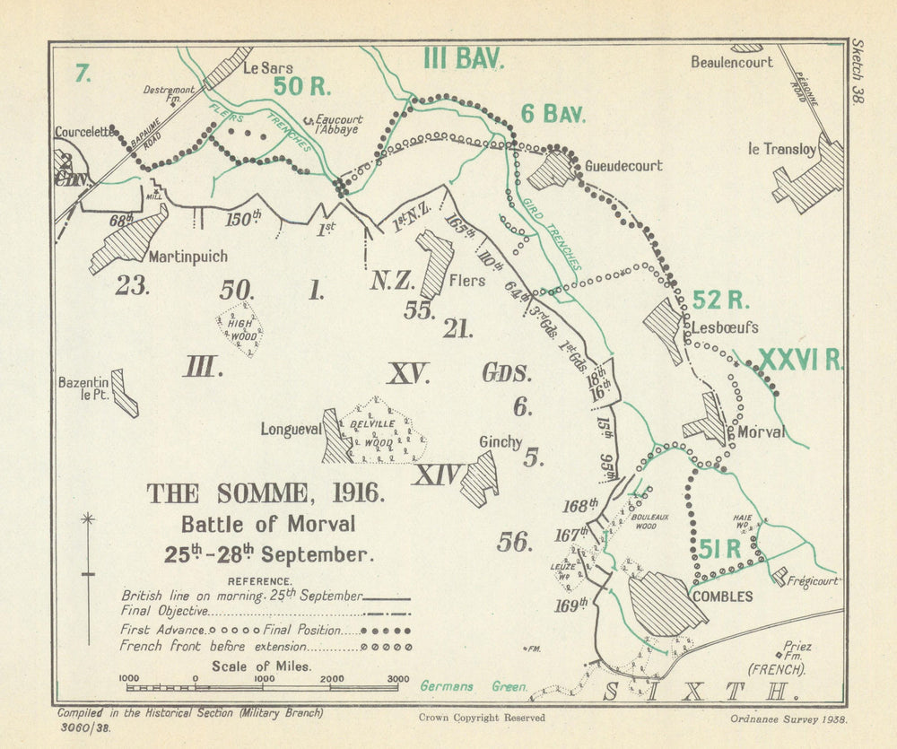 Battle of the Somme. Battle of Morval, 25–28 September 1916. WW1 1938 old map