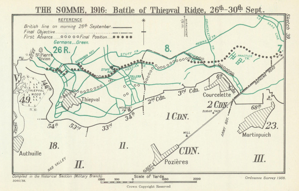 Battle of the Somme. Thiepval Ridge, 26–30 September 1916. WW1 1938 old map