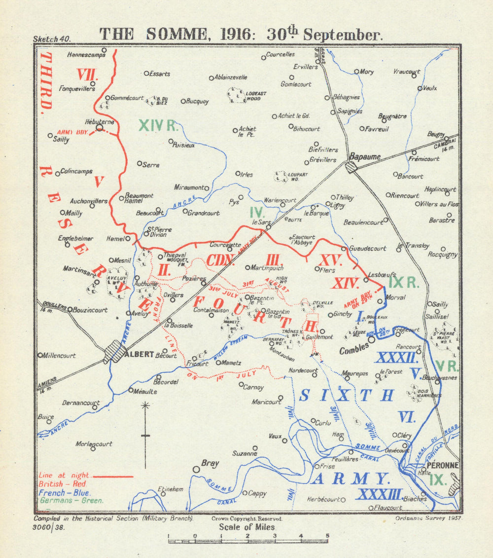 Battle of the Somme. 30 September 1916. First World War 1938 old vintage map