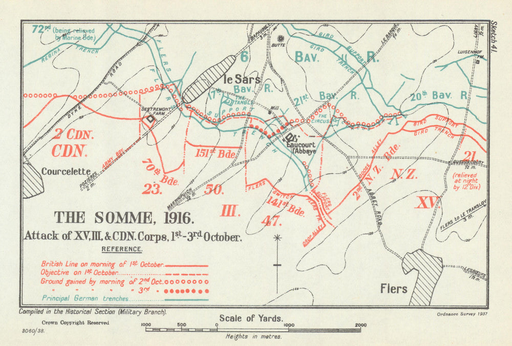 Battle of the Somme. XXV, III & CDN Corps Attack, 1–3 October 1916. WW1 1938 map