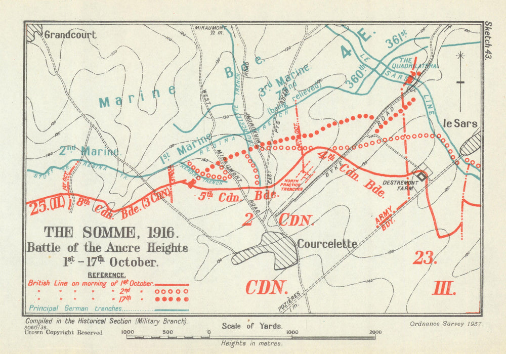 Battle of the Somme. Ancre Heights, 1-17 October 1916. First World War 1938 map