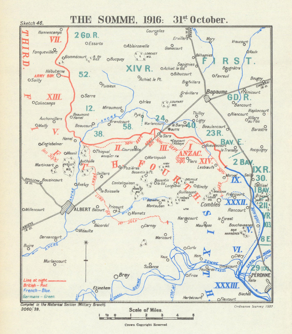 Battle of the Somme. 31 October 1916. First World War 1938 old vintage map