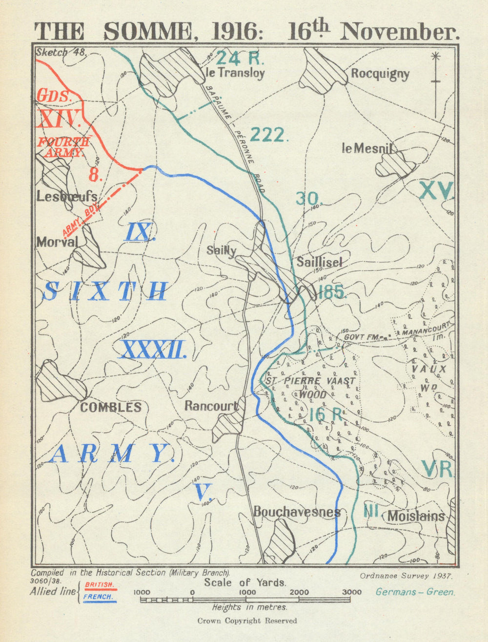 Battle of the Somme. 16 November 1916. First World War 1938 old vintage map