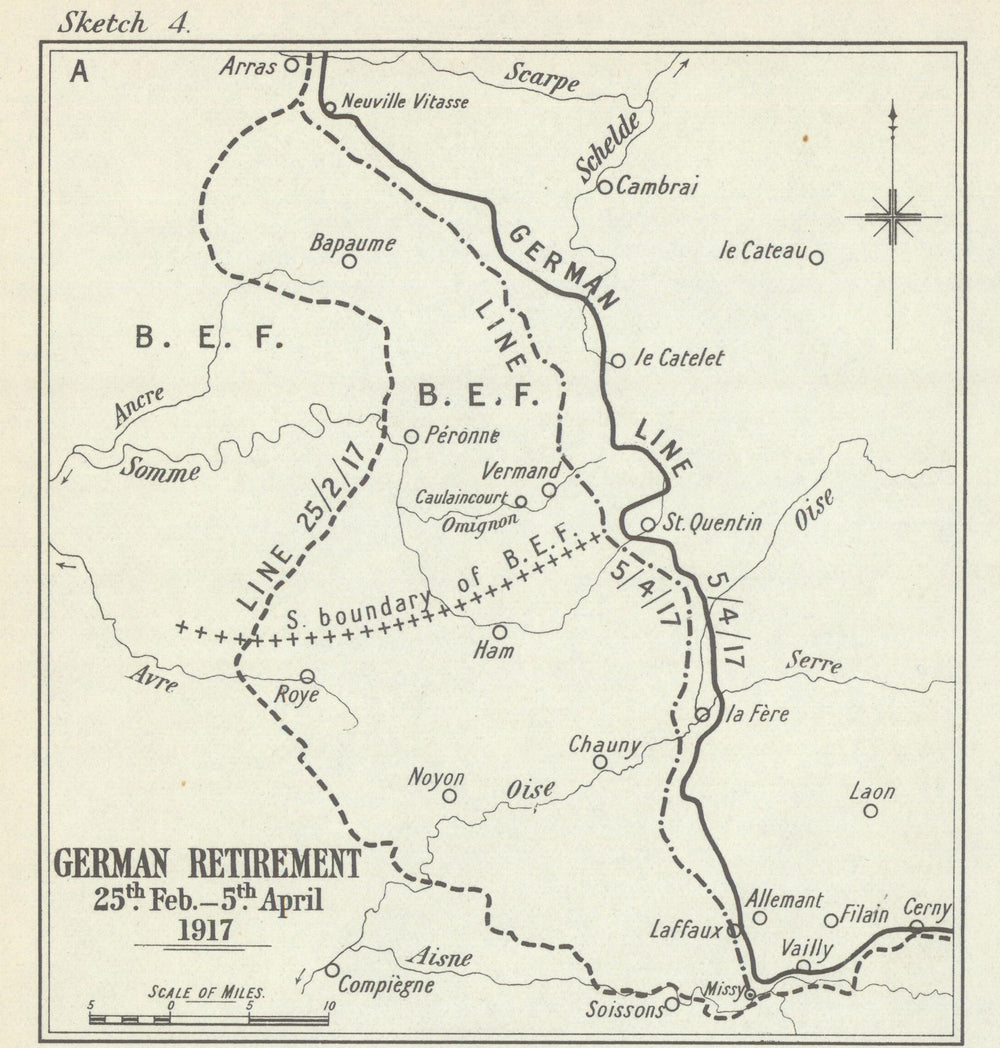 German retreat to the Hindenburg Line, 25 February–5 April 1917. WW1 1940 map