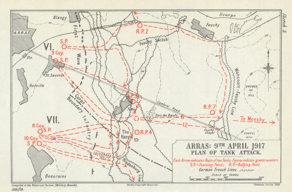 Battle of Arras. Plan of Tank Attack, 9 April 1917. First World War 1940 map