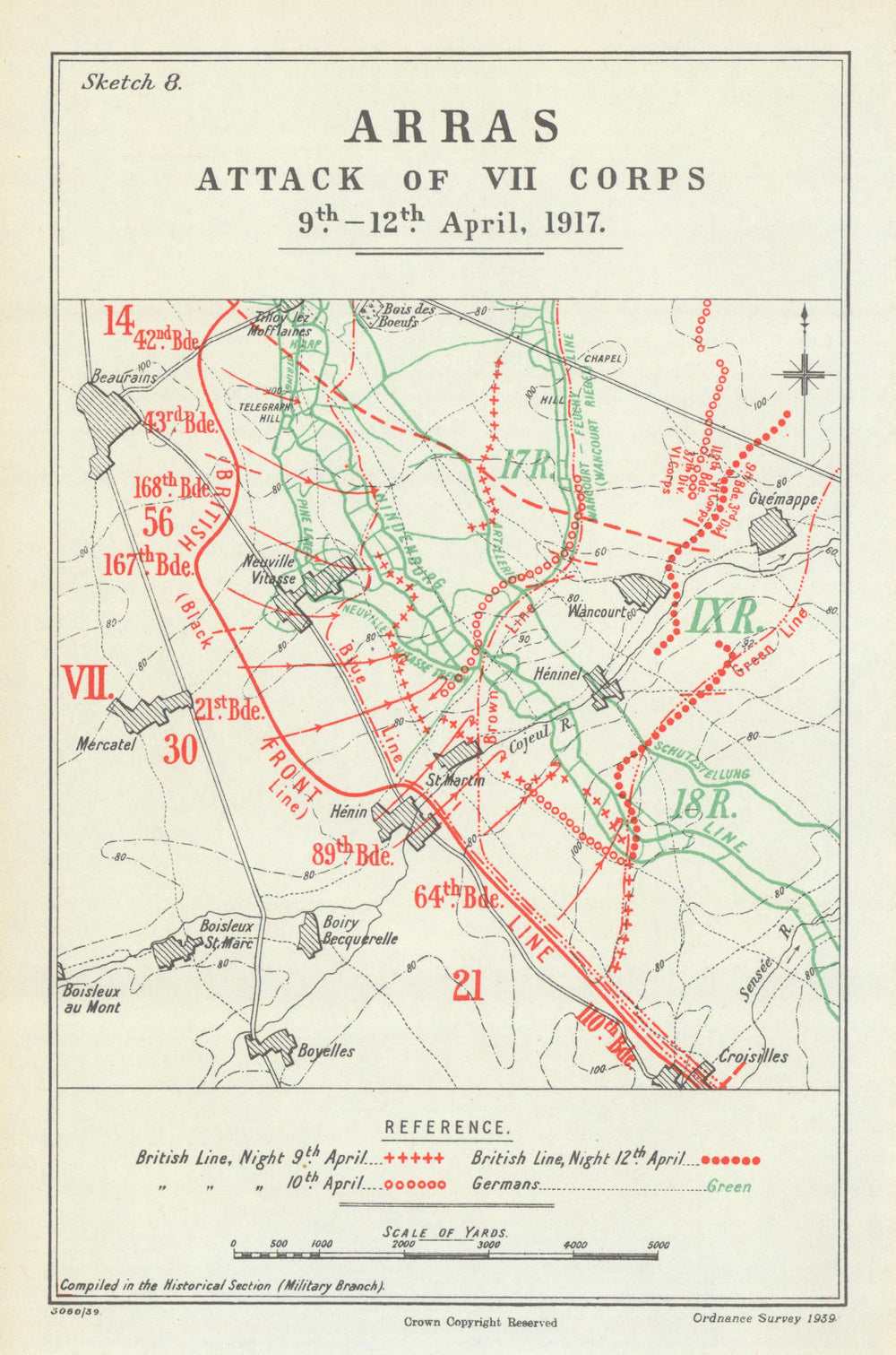 Battle of Arras. Arras, 1917: Attack of VII Corps, 9–12 April 1917. WW1 1940 map