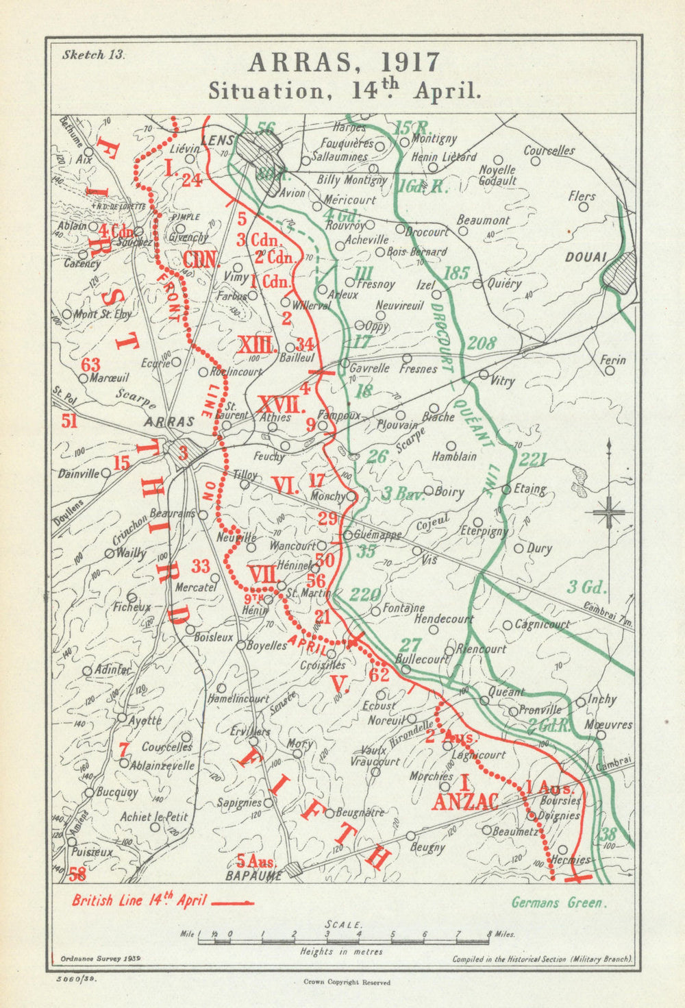 Battle of Arras. Situation, 14 April 1917. First World War 1940 old map