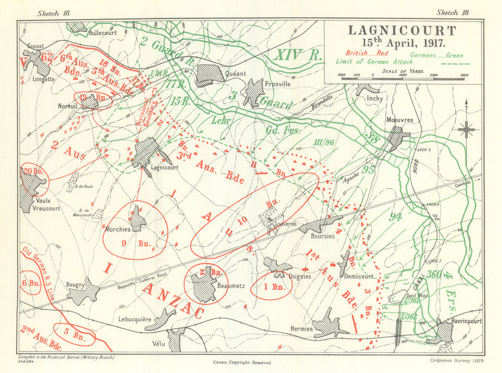 Battle of Arras. Lagnicourt, 15 April 1917. First World War 1940 old map
