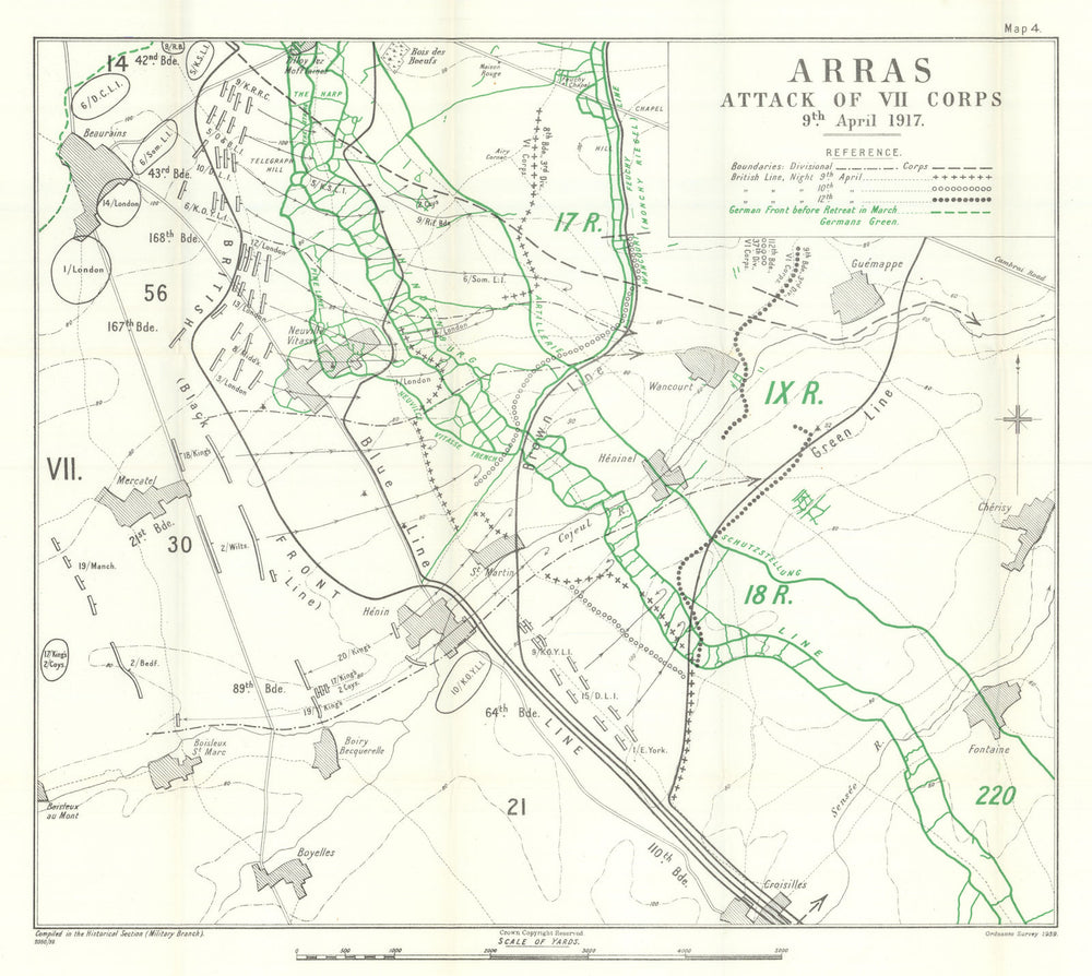 Battle of Arras. Attack of VII Corps, 9 April 1917. First World War 1940 map