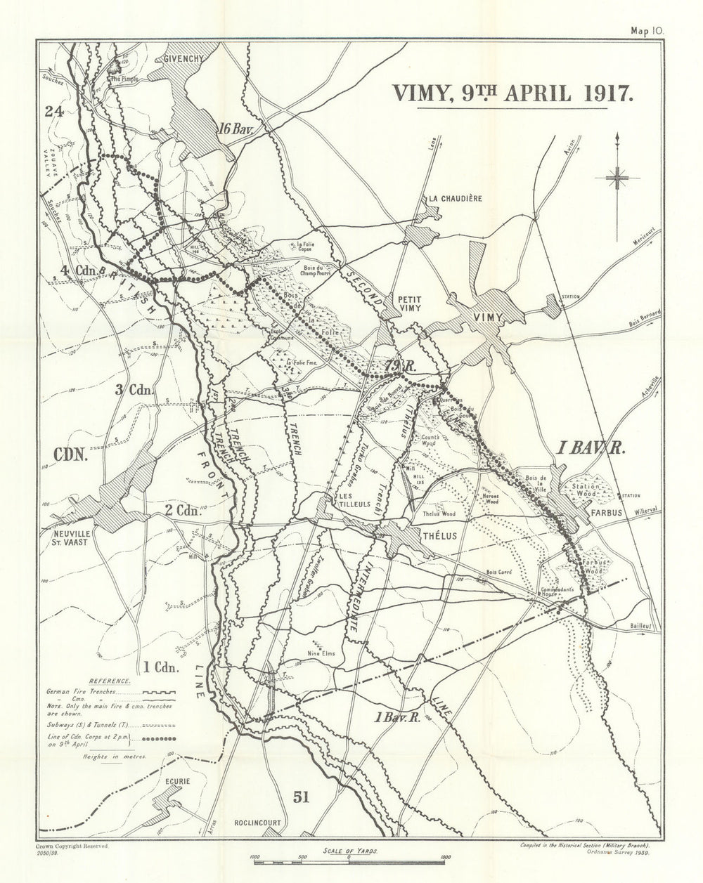 Battle of Arras. Vimy, 9 April 1917. First World War 1940 old vintage map
