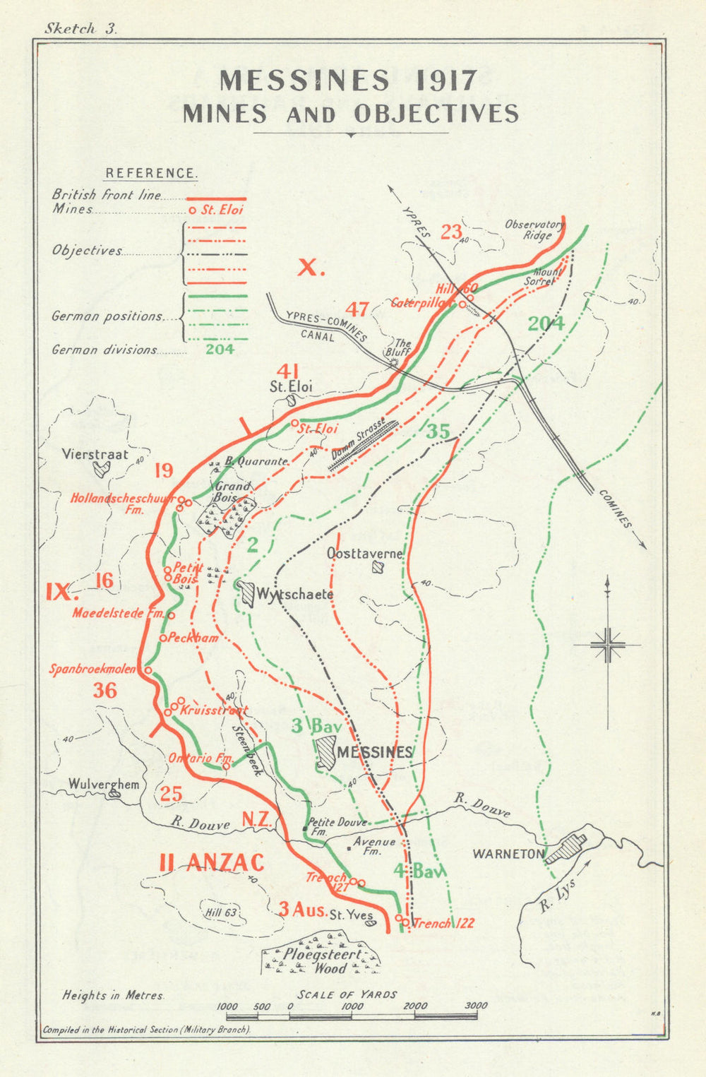Battle of Messines. Messines 1917: Mines & Objectives 1917. WW1 1948 old map