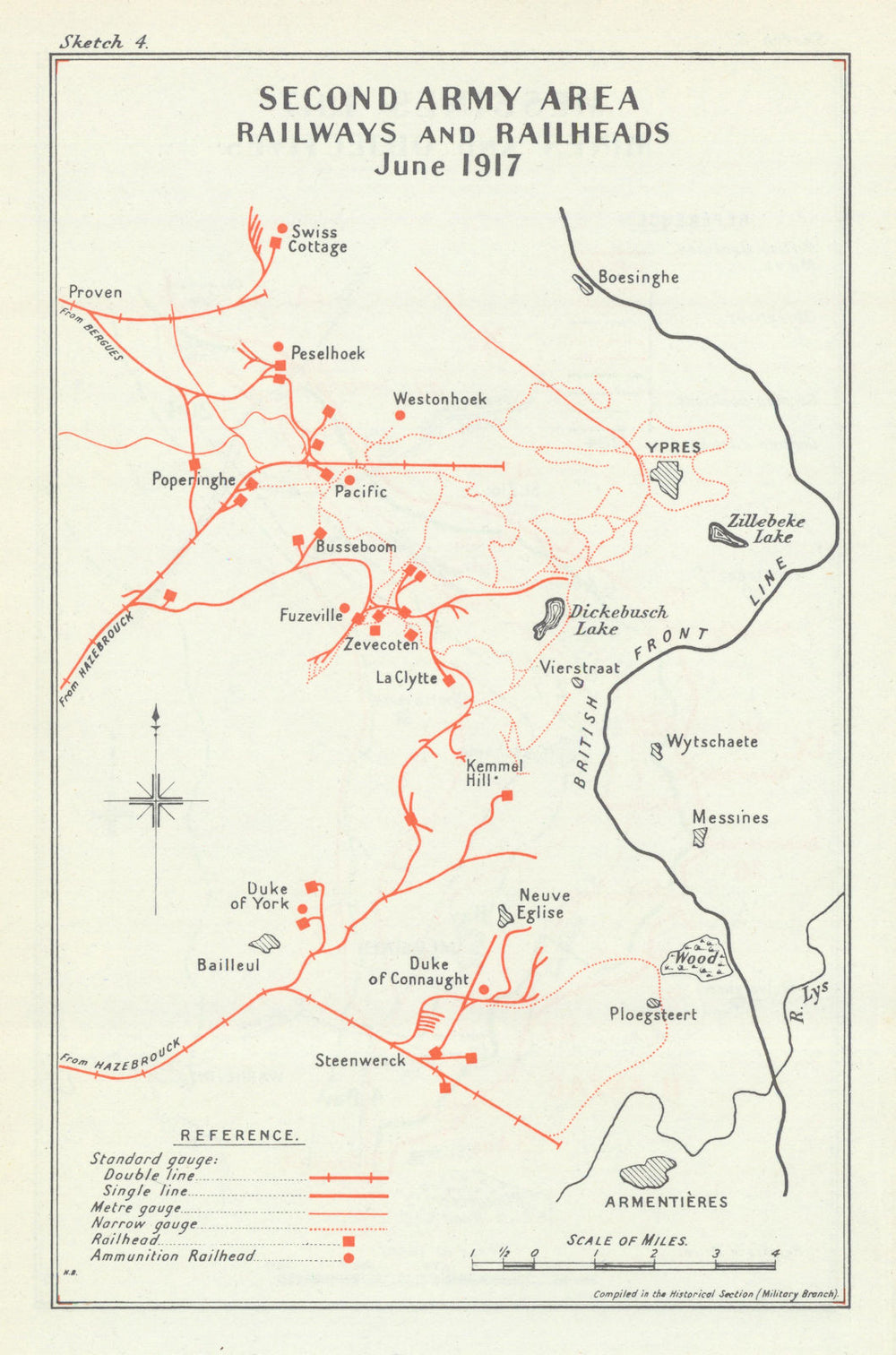 Battle of Messines. Second Army Area: Railways & Rail-heads 1917. WW1 1948 map