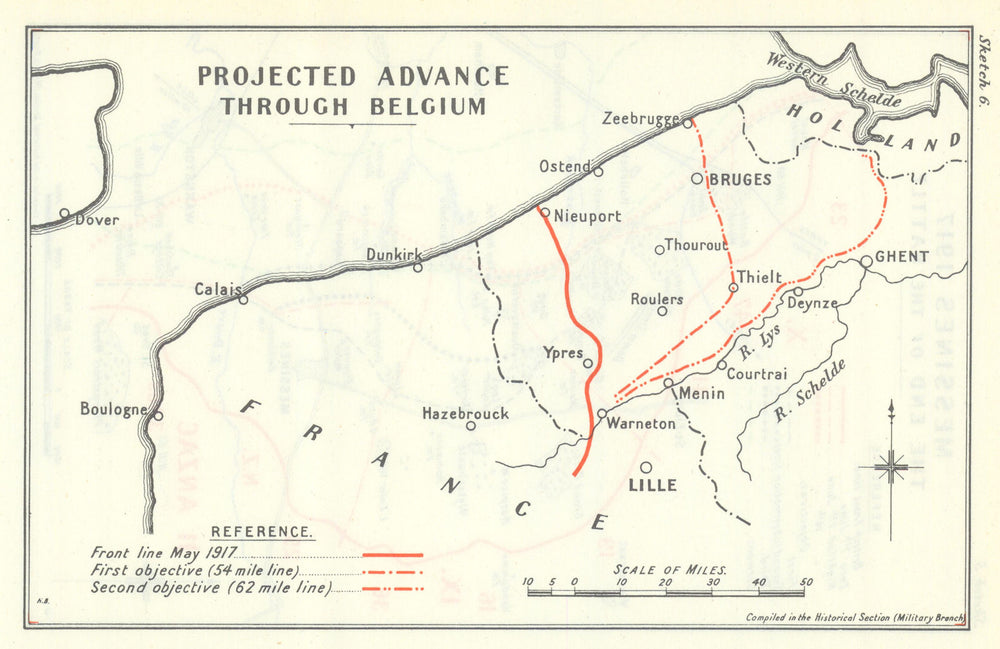 Flanders 1917 campaign. Projected Advance through Belgium. WW1 1948 old map