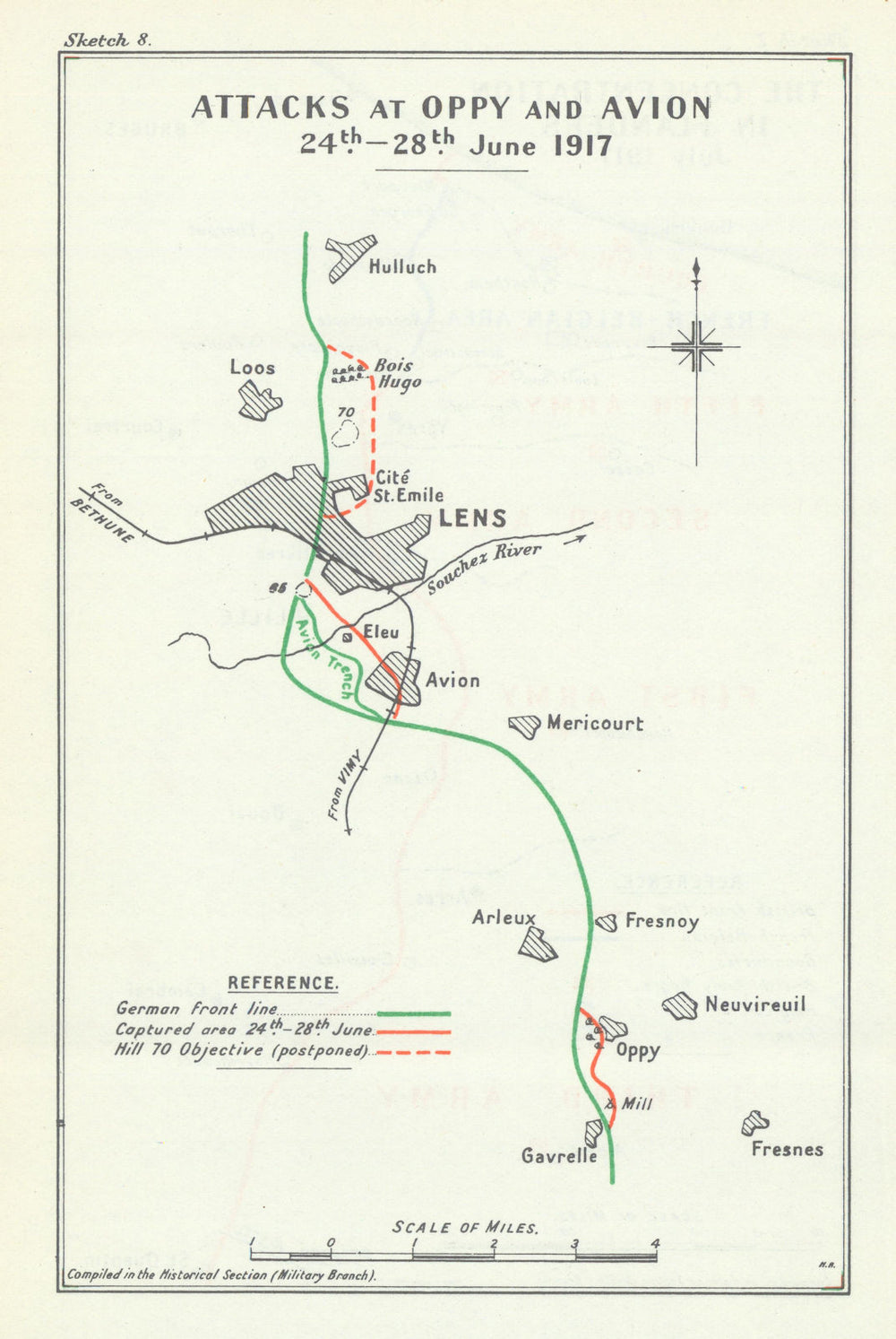 Attacks at Oppy & Avion, 24–28 June 1917. Arras Sector. First World War 1948 map