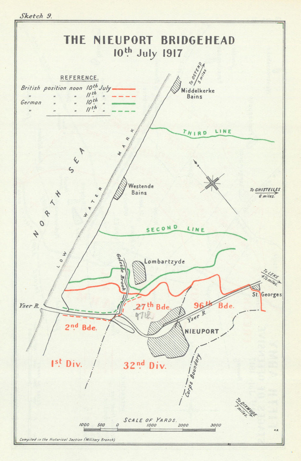 Flanders coast. The Nieuport Bridgehead, 10 July 1917. First World War 1948 map