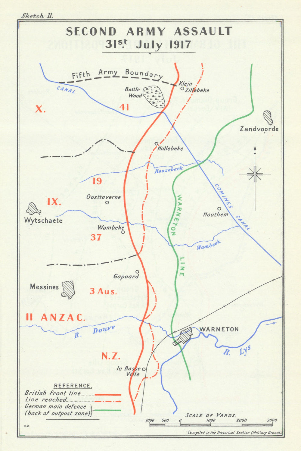 Third Battle of Ypres – 2nd Army assault. 31 July 1917. First World War 1948 map