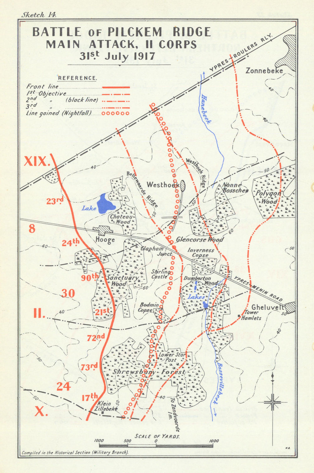 Third Battle of Ypres. Pilckem Ridge. II Corps attack. 31 July 1917 WW1 1948 map