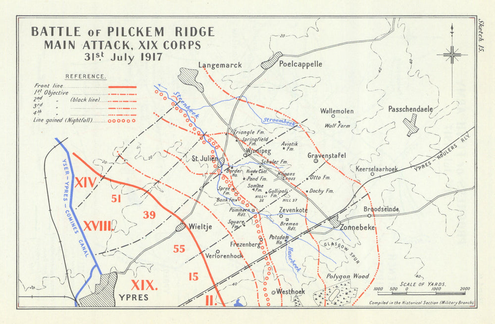 3rd Battle of Ypres. Pilckem Ridge. XIX Corps attack. 31 July 1917 WW1 1948 map