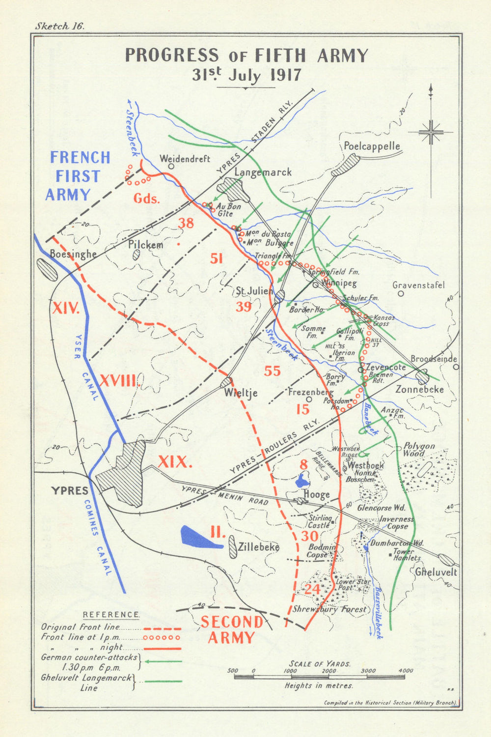 Third Battle of Ypres. Progress of the Fifth Army: 31 July 1917. WW1 1948 map