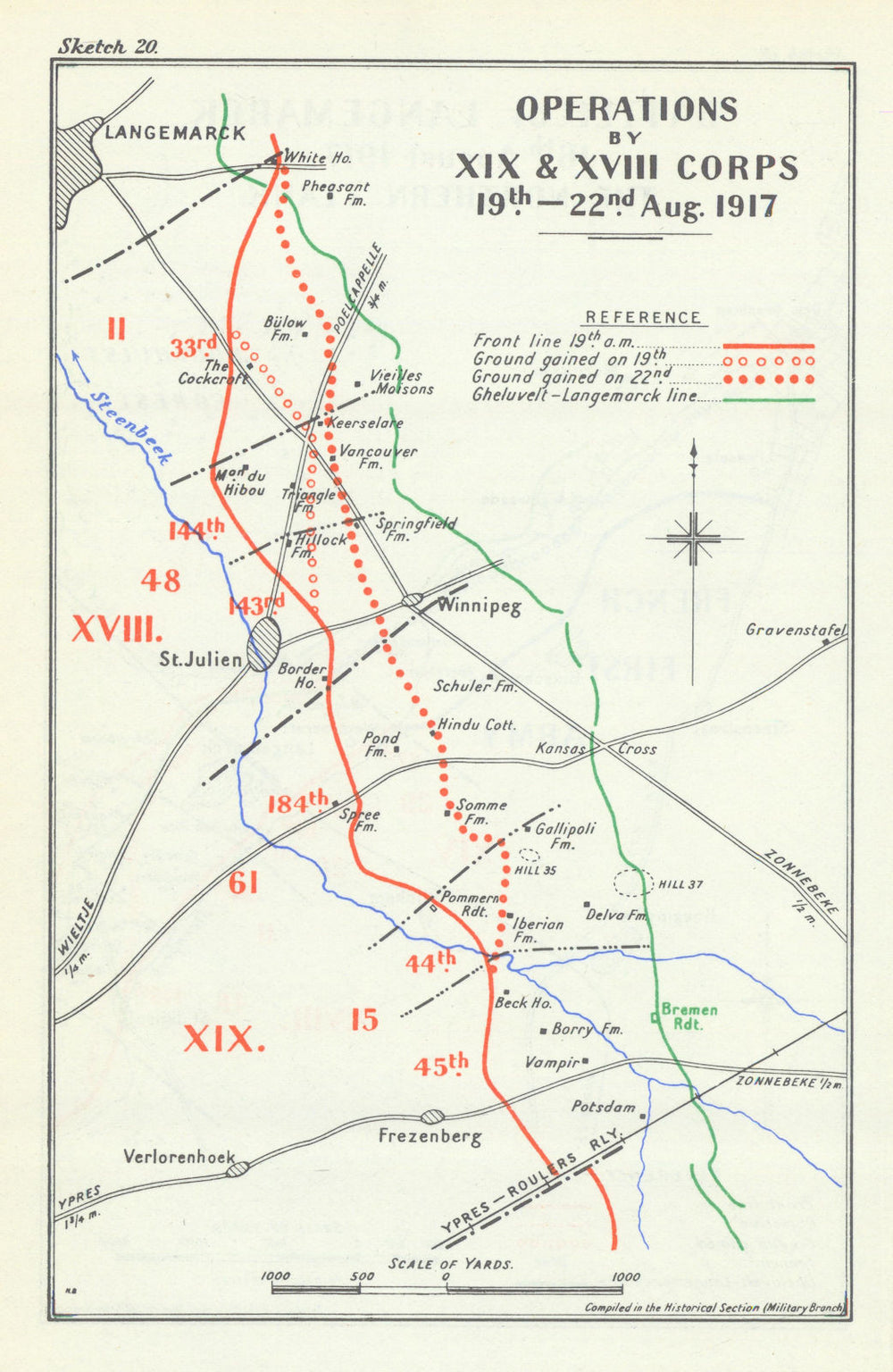 Third Battle of Ypres. XIX & XVIII Corps Operations, 19–22 August. WW1 1948 map
