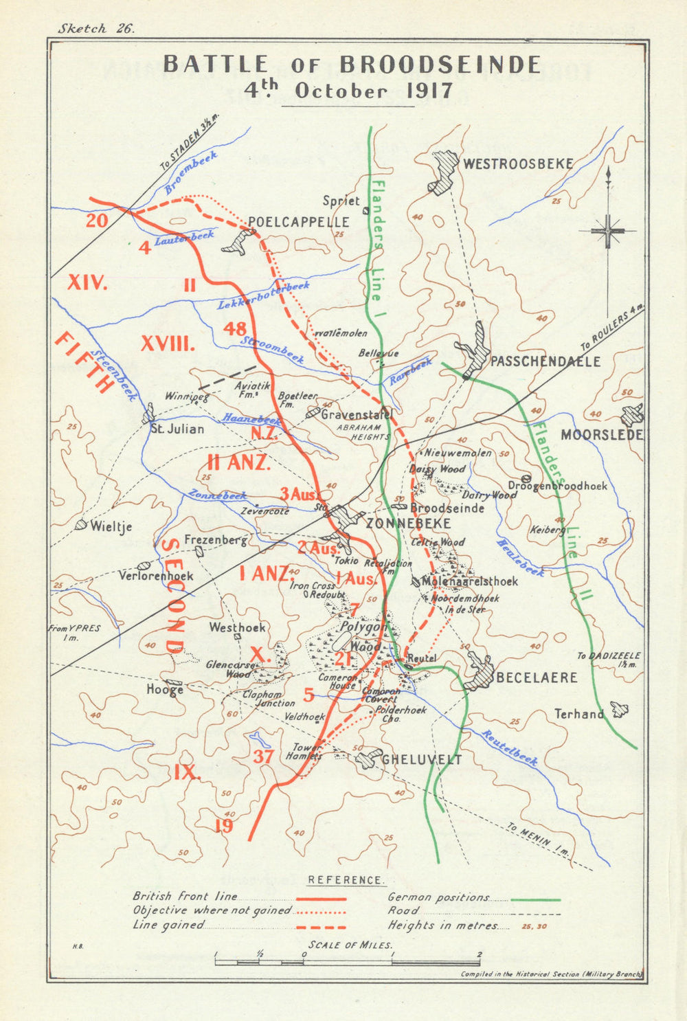 Third Battle of Ypres. Battle of Broodseinde, 4 October 1917. WW1 1948 old map