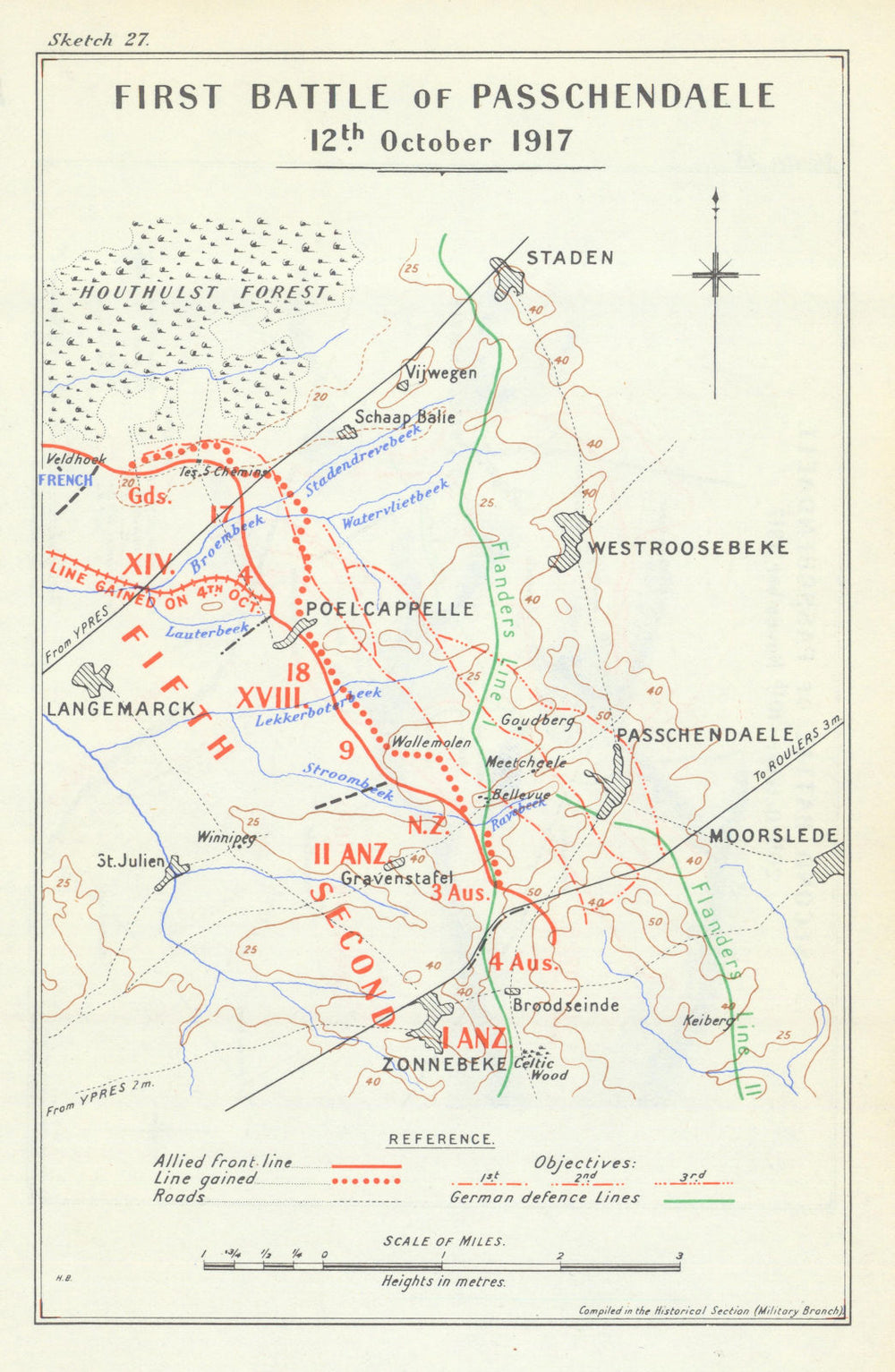 3rd Battle of Ypres - 1st Battle of Passchendaele, 12 October 1917. WW1 1948 map