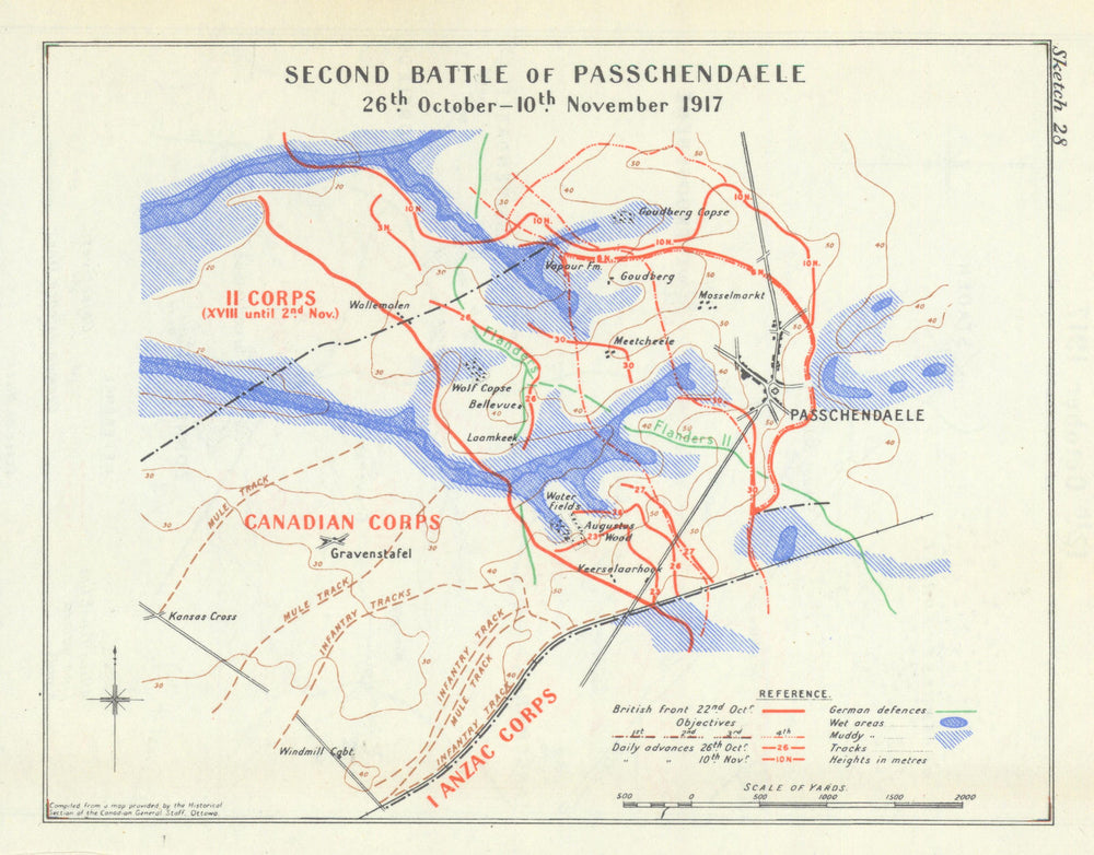 Third Battle of Ypres. Second Passchendaele, 26 Oct–10 Nov 1917. WW1 1948 map