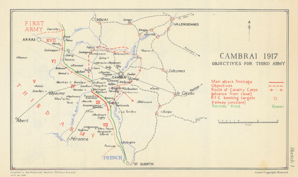 Battle of Cambrai. Objectives for the Third Army 1917. First World War 1948 map