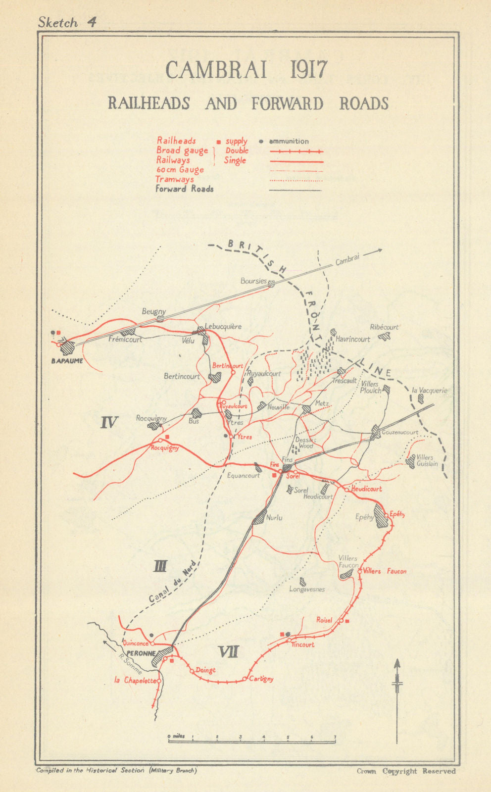 Battle of Cambrai. Railheads & Forward Roads 1917. First World War 1948 map