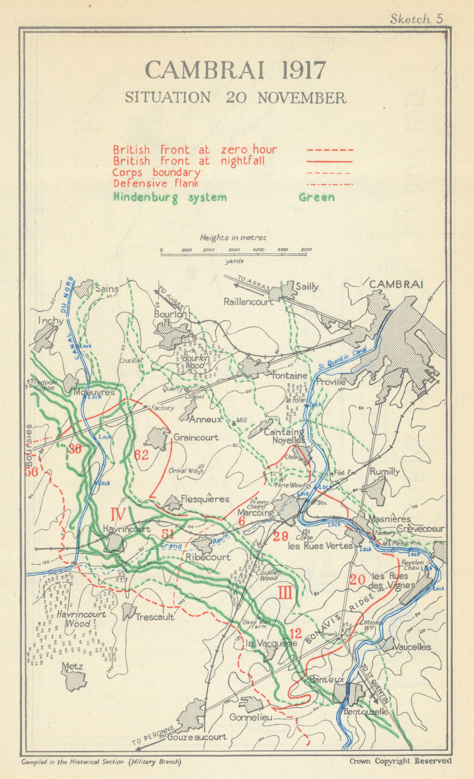 Battle of Cambrai. Situation, 20 Nov. 1917. First World War 1948 old map