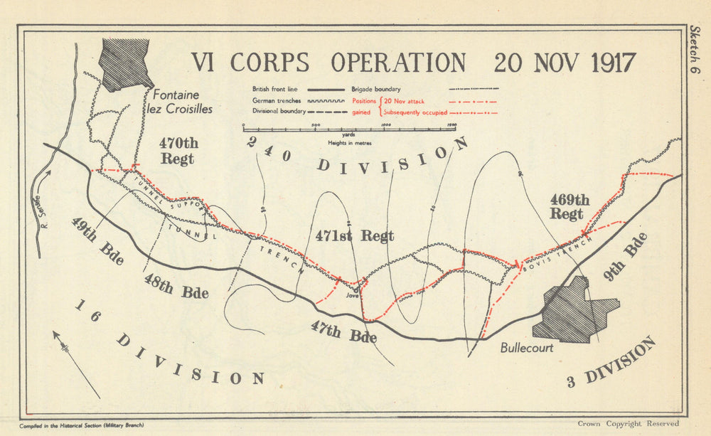 Battle of Cambrai. VI Corps Operation, 20 Nov. 1917. First World War 1948 map