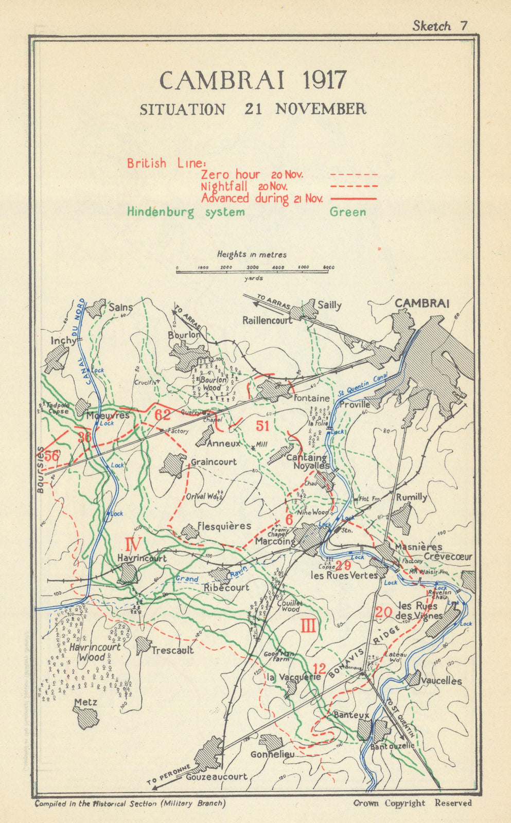 Battle of Cambrai. Situation, 21 Nov. 1917. First World War 1948 old map