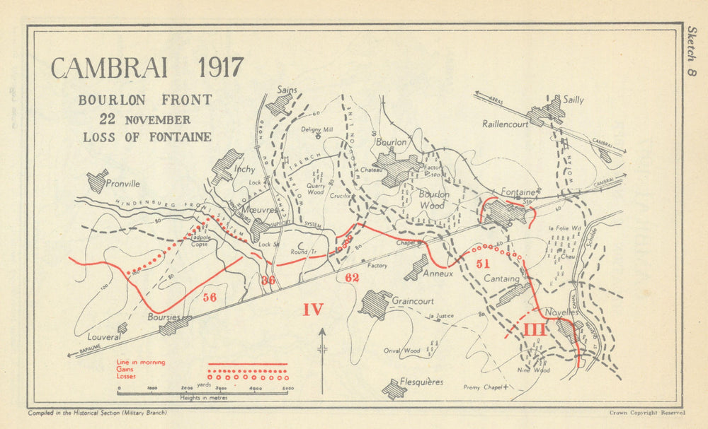 Battle of Cambrai. Bourlon Front, 22 Nov. 1917. Loss of Fontaine. WW1 1948 map