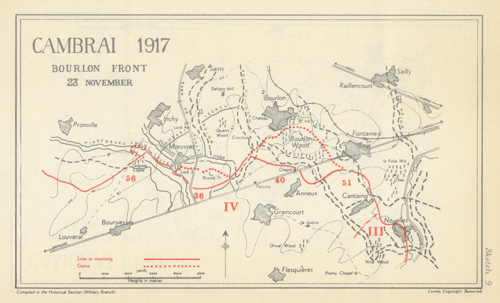 Battle of Cambrai. Bourlon Front, 23 Nov. 1917. First World War 1948 old map