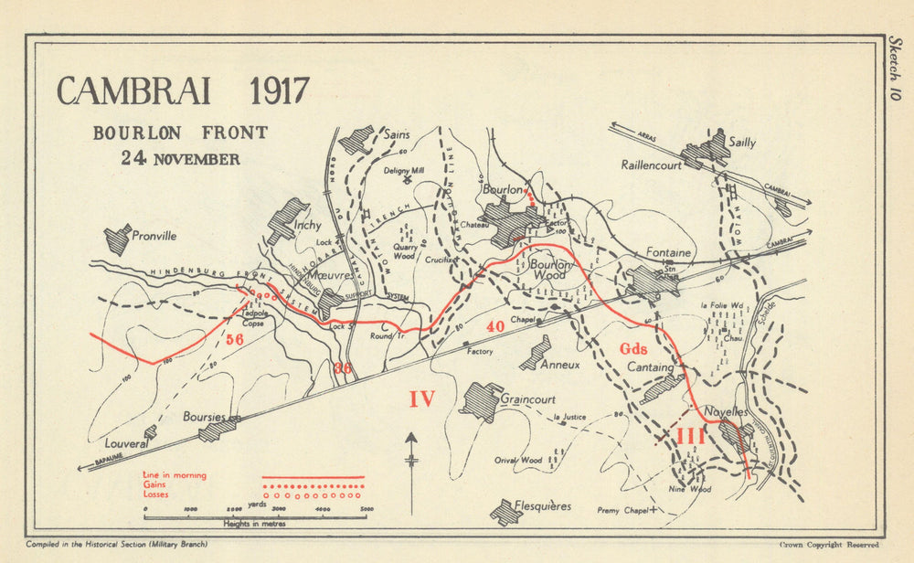 Battle of Cambrai. Bourlon Front, 24 Nov. 1917. First World War 1948 old map