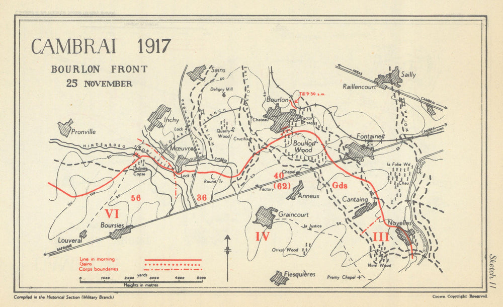 Battle of Cambrai. Bourlon Front, 25 Nov. 1917. First World War 1948 old map
