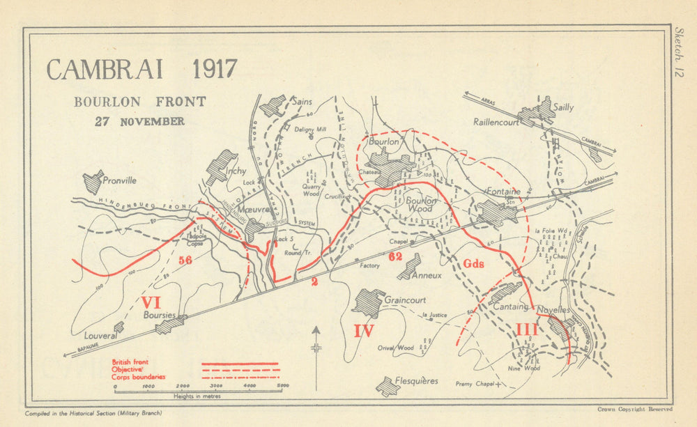 Battle of Cambrai. Bourlon Front, 27 Nov. 1917. First World War 1948 old map