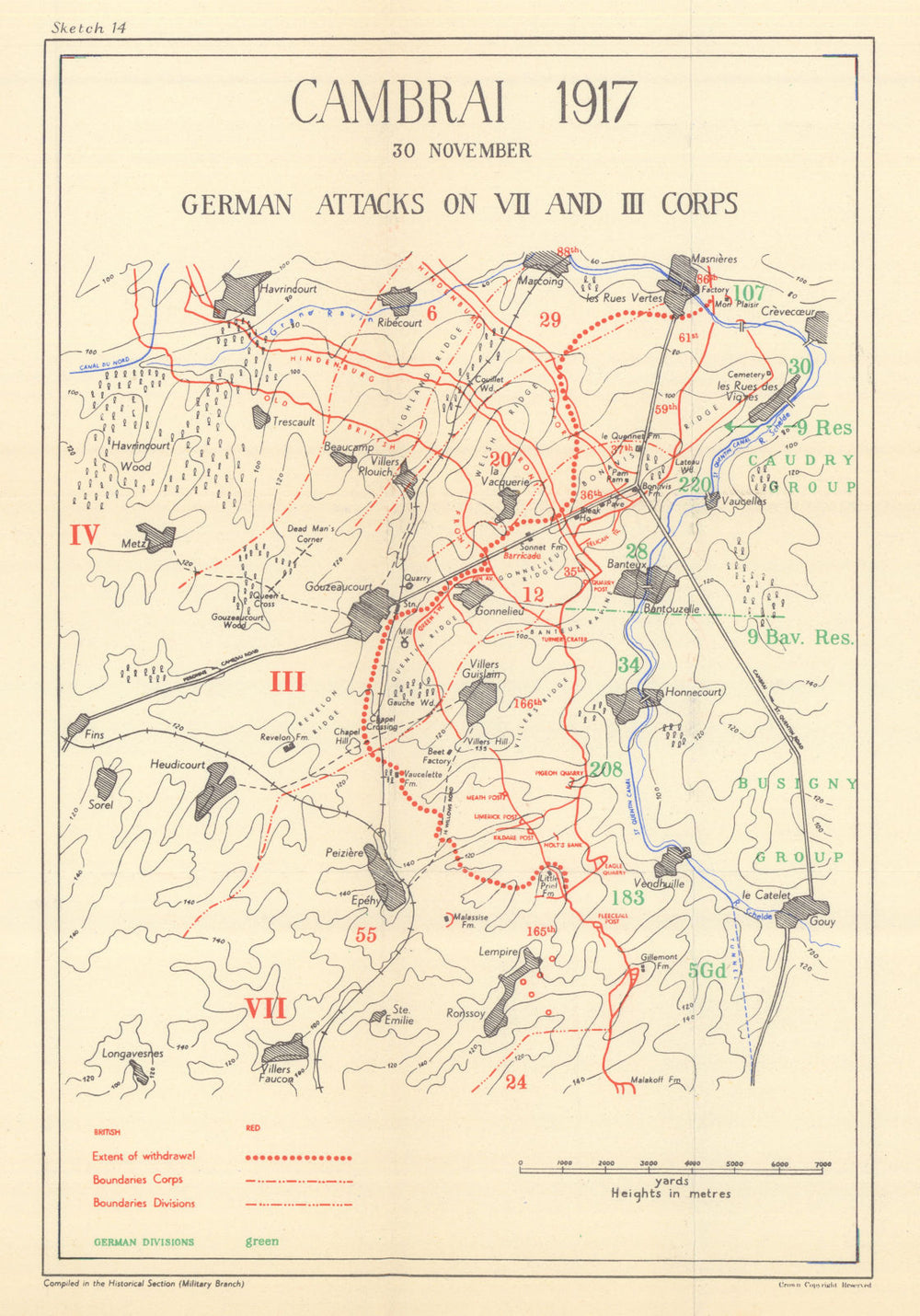 Battle of Cambrai. German Attacks on VII & III Corps, 30 Nov. 1917. WW1 1948 map