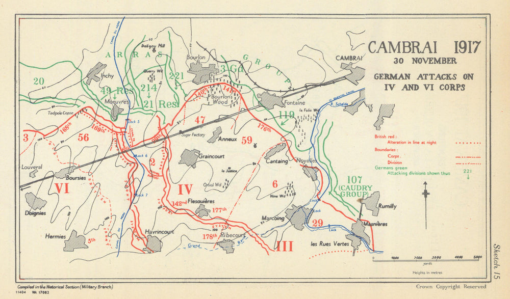 Battle of Cambrai. German Attacks on IV & VI Corps, 30 Nov. 1917. WW1 1948 map