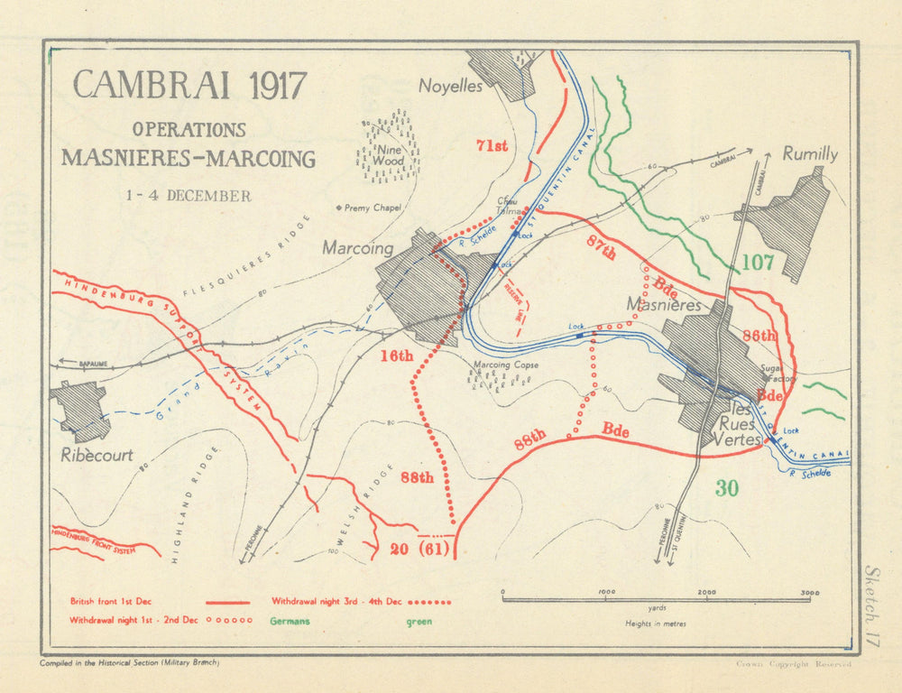 Battle of Cambrai. Operations, Masnières—Marcoing, 1–4 Dec. 1917. WW1 1948 map