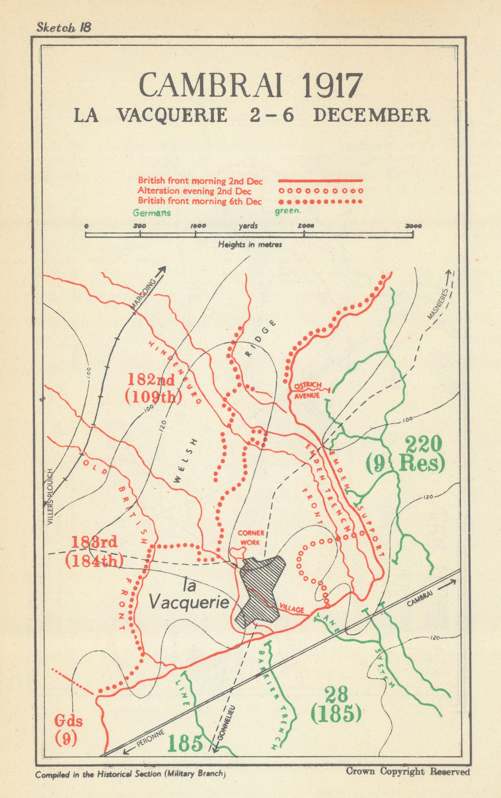 Battle of Cambrai. La Vacquerie, 2–6 Dec. 1917. First World War 1948 old map