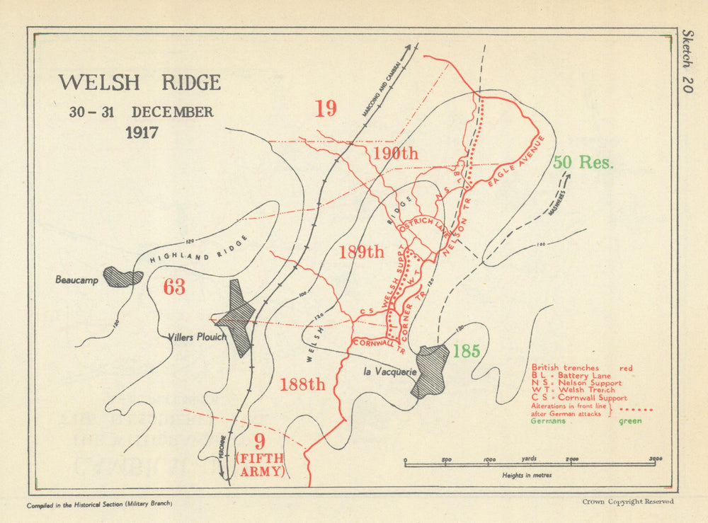Battle of Cambrai. Welsh Ridge, 30–31 Dec. 1917. First World War 1948 old map