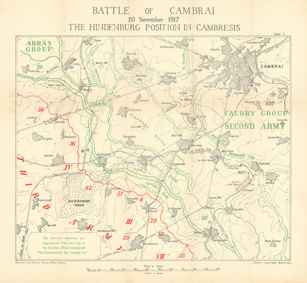 Hindenburg Line. The Hindenburg Position in Cambrésis 1917. WW1 1948 old map